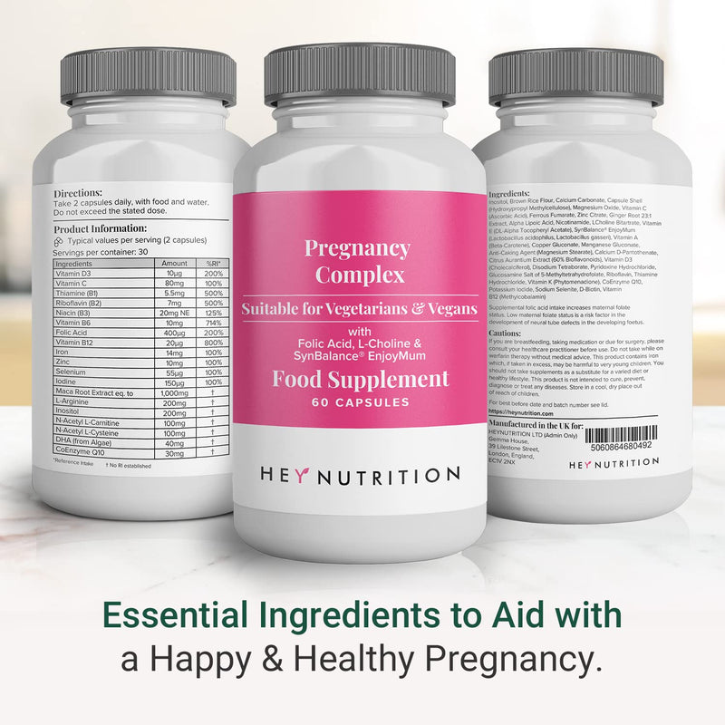 Hey Nutrition Pregnancy Complex Supplement - Suitable for Vegetarians & Vegans - Folic Acid, L-Choline, Iodine, SynBalance� EnjoyMum - Mum & Baby Support - UK Manufactured - Non-GMO - 60 Capsules - BeesActive Australia