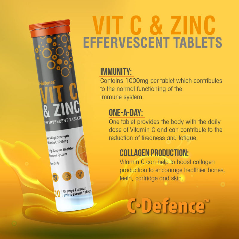 Vitamin C 1000mg & Zinc 15mg Orange Flavour Effervescent Tablets by Club Vits (4 Tubes of 20 Tablets) 20 Count (Pack of 4) - BeesActive Australia