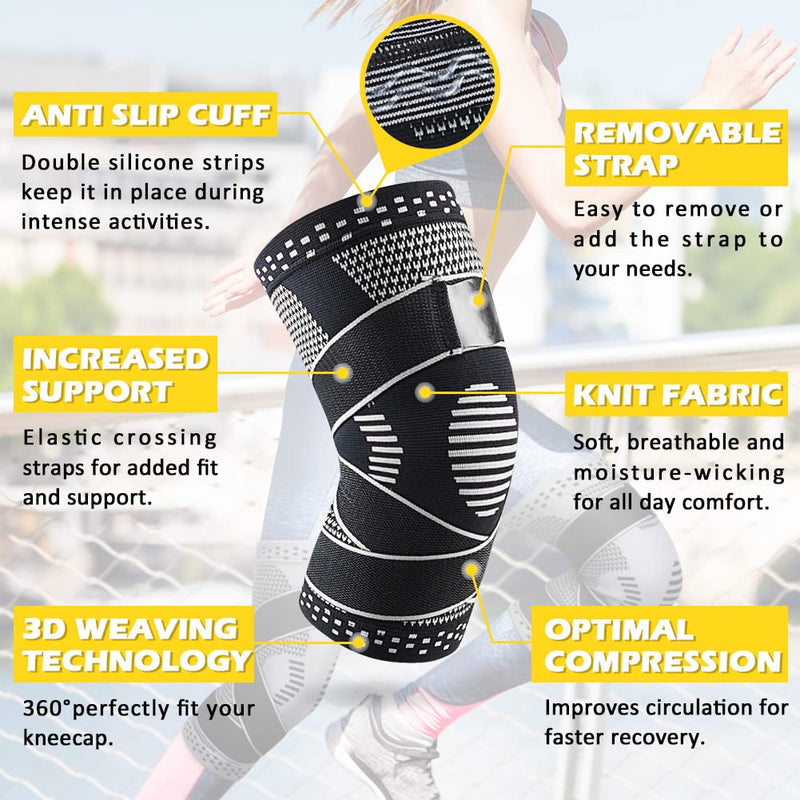 Beister 1 Pair Knee Compression Sleeves with Adjustable Straps for Men & Women, Professional Knee Support Brace for Meniscus Tear, Arthritis, Sports Joint Pain Relief, Running, Basketball Black L (Pack of 2) - BeesActive Australia