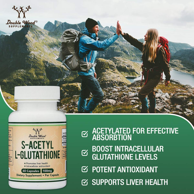 S-Acetyl L-Glutathione Capsules - 100mg, Manufactured and Tested in The USA, 60 Count (Acetylated Glutathione Antioxidant - More Absorbable Than Glutathione and Liposomal Glutathione) by Double Wood - BeesActive Australia