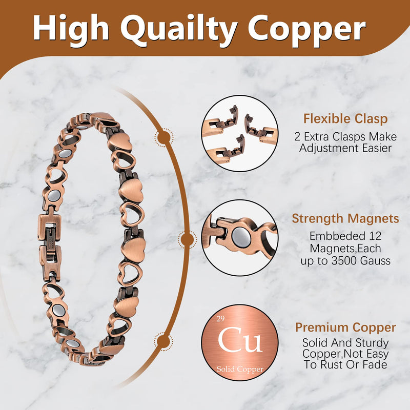 Jeracol Copper Magnetic Bracelets for Women,99.99% Solid Copper Women Wristband with Ultra Strength 3500 Guass Magnets,Adjustable Size Brazaletes with Remove Tool & Gift Box A-love Heart Design - BeesActive Australia