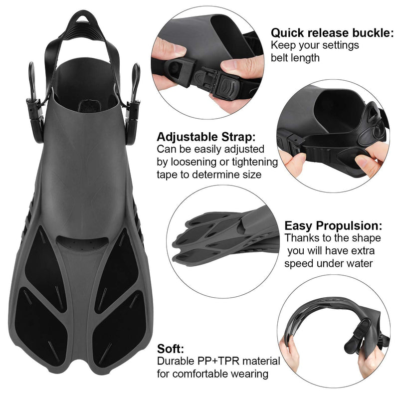 Oumers Snorkel Fins, Travel Size Adjustable Strap Diving Flippers with Mesh Bag and Extra Buckle Connector for Men Women Snorkeling Diving Swimming Black XS(Kids US Size 1-4) - BeesActive Australia