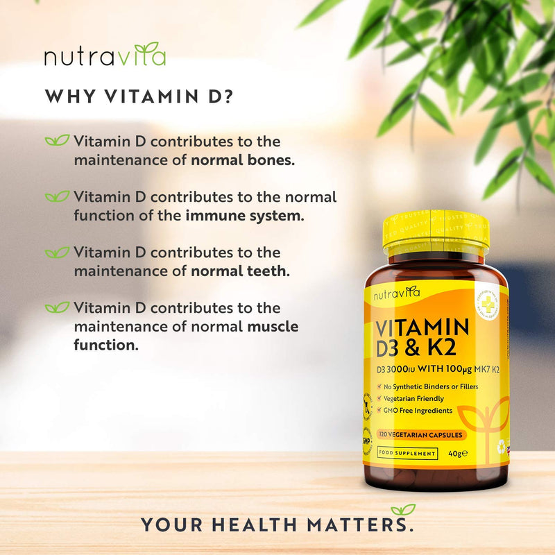 Vitamin D3 3000iu & K2 100ug (MK7) � 120 Vitamin D3 K2 Vegetarian Capsules � Supports Normal Bones, Muscles, Teeth and Immune System � Cholecalciferol & Menaquinone-7 � Made in The UK by Nutravita - BeesActive Australia