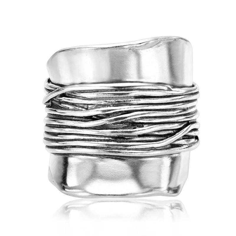 925 Sterling Silver Shield Ring With Center Wire Wrap, Textured, Vintage Look Stylish Hypoallergenic, Nickel and Lead-free, Artisan Handcrafted Designer Collection Made in Israel (Size 5-11) 11 - BeesActive Australia