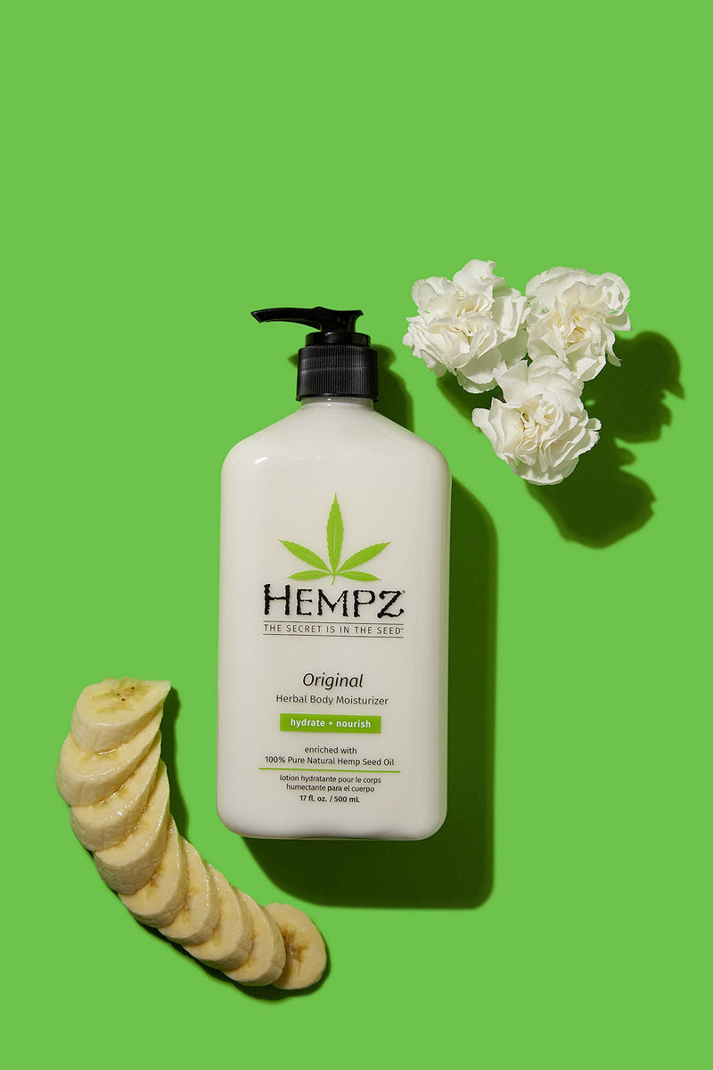 Hempz Original, Natural Hemp Seed Oil Body Moisturizer with Shea Butter and Ginseng, 17 Fl Oz, Pure Herbal Skin Lotion for Dryness - Nourishing Vegan Body Cream in Floral and Banana - BeesActive Australia