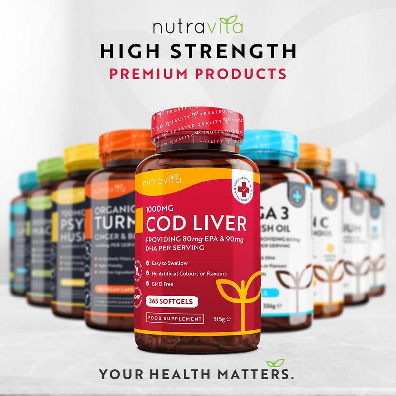 Cod Liver Oil 1000mg - 365 Softgels of Premium Cold Pressed Fish Oil - Rich in High Strength Omega 3, Vitamins A, D, E & Garlic Oil - Supports Heart & Brain Health - Made in The UK by Nutravita - BeesActive Australia