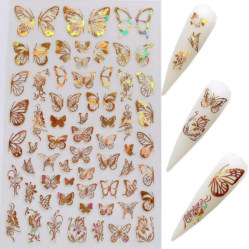 Butterfly Nail Art Decals Sticker Gold Nail Art Adhesive Sticker 8 Sheets Butterfly Design Nail Foil 3D Luxury Laser Gold and Silver Color Butterflies Sticker for Acrylic Nails Design Gold-silver - BeesActive Australia
