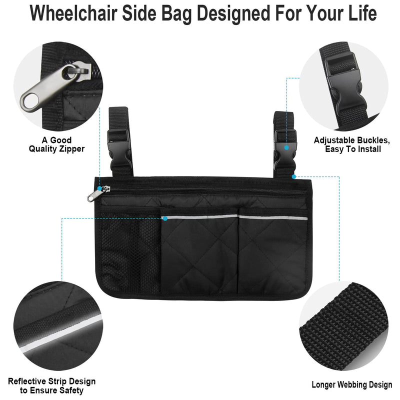 Wheelchair Side Organizer Storage Bag Armrest Pouch with Cup Hold and Reflective Strip, for Most Wheelchairs, Walkers or Rollators (Black) Black - BeesActive Australia