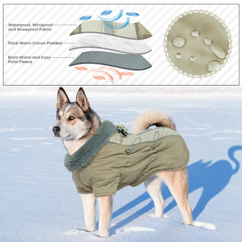 IDOMIK Dog Winter Coats Waterproof Windproof Cold Weather Jackets, Reflective High Collar Vests Warm Clothes With Harness, Thick Padded Fleece Snowsuits Pet Outfits Apparel For Small Medium Large Dogs X-Large Khaki - BeesActive Australia