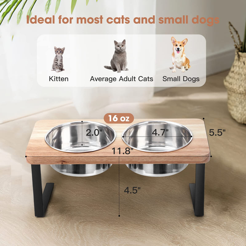 Siooko Elevated Cat Bowls, 15° Tilted Raised Cat Food Bowls Wood Pet Bowls with Stand Anti Vomiting 2 Stainless Steel Bowls for Cats and Puppy - BeesActive Australia