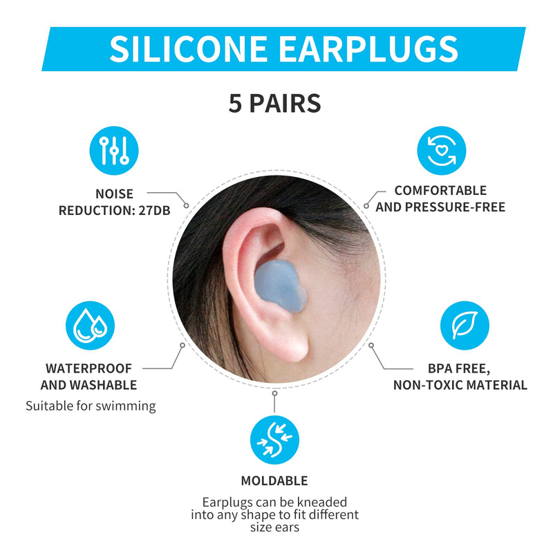 Soft Moldable Silicone Earplugs, 5 Pairs, 27dB SNR Noise Reduction Ear Plugs for Swimming, Travel, Snoring by Lysian (Blue) Blue - BeesActive Australia