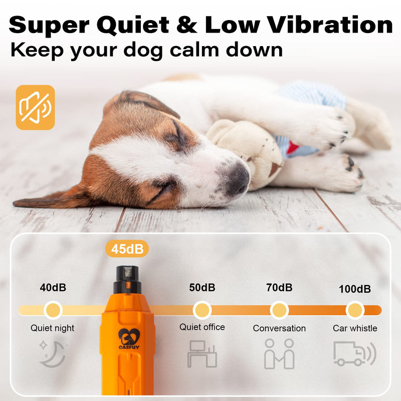 Casfuy 6-Speed Dog Nail Grinder - Newest Enhanced Pet Nail Grinder Super Quiet Rechargeable Electric Dog Nail Trimmer Painless Paws Grooming & Smoothing Tool for Large Medium Small Dogs Orange - BeesActive Australia