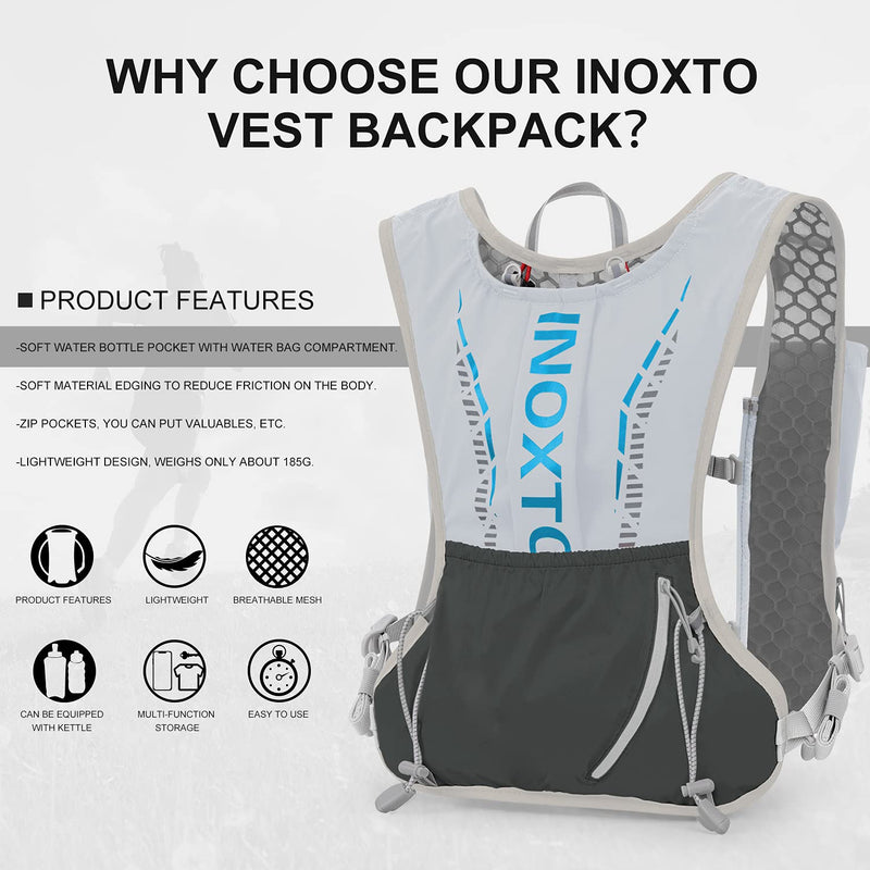 INOXTO Hydration Vest Backpack,Lightweight Water Running Vest Pack with 1.5L Water Bladder Bag Daypack for Hiking Trail Running Cycling Race Marathon for Women Men Kids Grey - BeesActive Australia