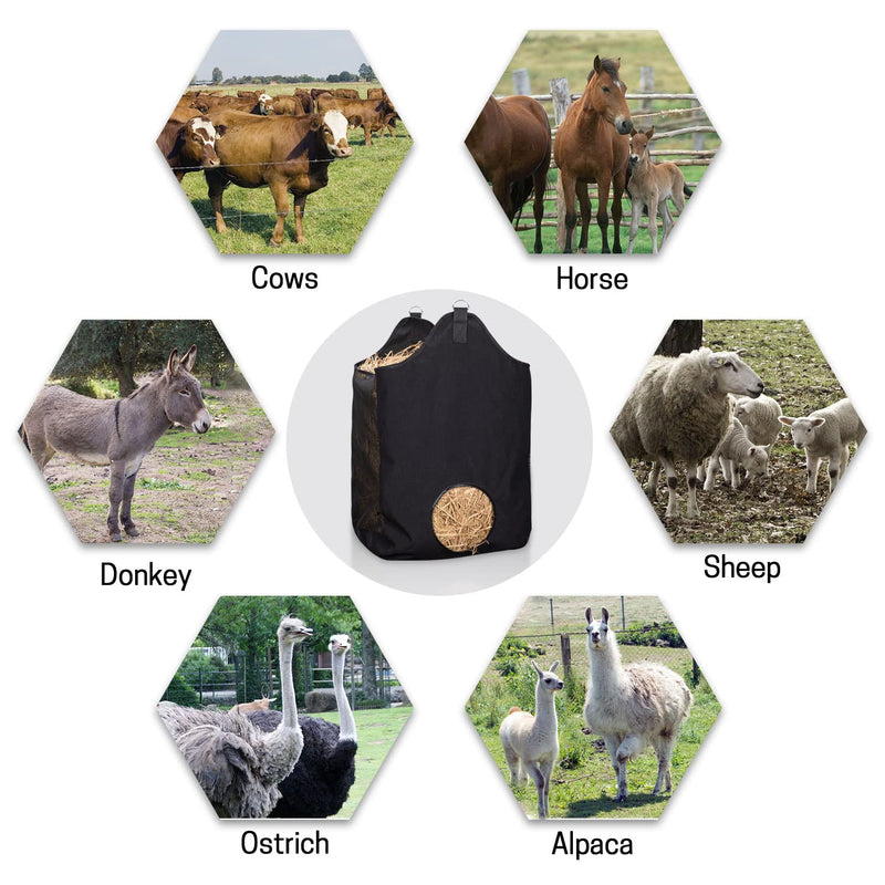ZELARMAN Horse Hay Bag with Large Capacity，Slow Feeder Hay Nets， Leather Trim Feeding Bag for Horses, Sheep Black - BeesActive Australia