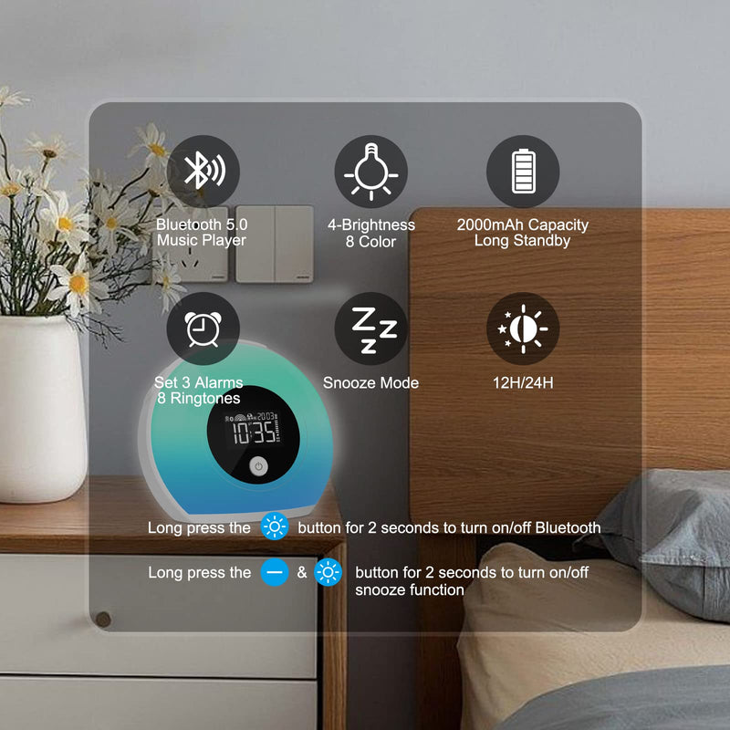 Uplayteck Wake-Up Light Alarm Clocks - Kids Night Light Alarm Clocks with Bluetooth Speaker, 8 Colorful Lights, 4 Brightness Levels, Snooze Function, Bedside Alarm Clock for Adults Kids Teens Bedrooms SG1 - BeesActive Australia
