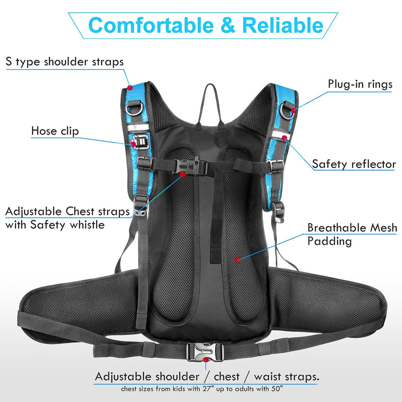 Mothybot Insulated 1.5L 3L Hydration Backpack Pack with Water Bladder, Large Capacity Lightweight Hiking Daypack for Women, Men, kids - Waist Pouches & Cooler Layer, for Running, Biking, Rave,Festival Light Blue- 1.5 Liter Hydration Backpack - BeesActive Australia