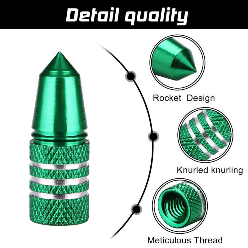 Presta Valve Caps Aluminum Anodized Colorful Air Dust Valve Stem Covers Fit Presta/French MTB Mountain/Road Bike Rocket Design, Heavy-Duty, Screw-On (5 Pack) Green - BeesActive Australia