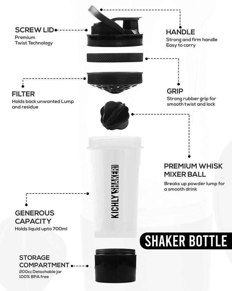 KICHLY (Set of 2 Classic Protein Shaker Bottle (700 ml) with Protein Shaker Ball - Non-Leak Cap with Container for Protein Shakes – Perfect Fitness & Workout Partner (Black & Clear) Black & Clear - BeesActive Australia