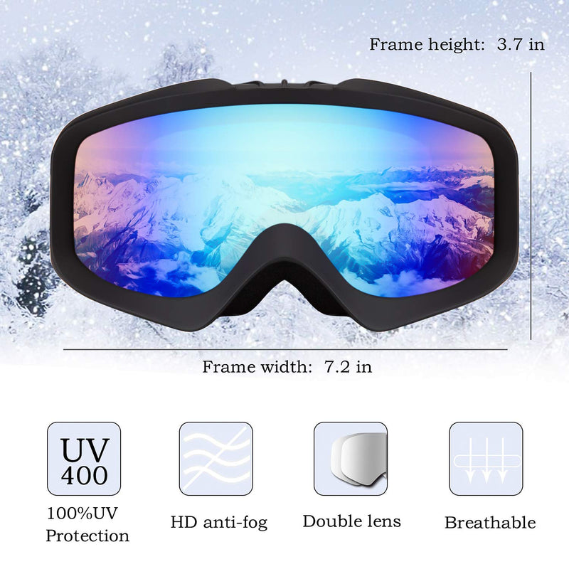 Karsaer Ski Goggles Anti-Fog Snow Goggles OTG 100% UV Protection Snowboard Goggles Bendable Dual-Lenses for Men Women Youth Matte Black Frame Green Mirrored Lens Vlt 18% - BeesActive Australia