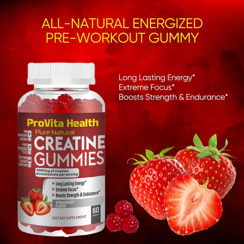ProCreatine Monohydrate Gummies 4000mg for Men & Women - 60 Chewable Creatine Gummies Strawberry Flavoured Creatine | Pre Workout Gym Supplement| Keto | Vegan | (1 Month Supply) - BeesActive Australia