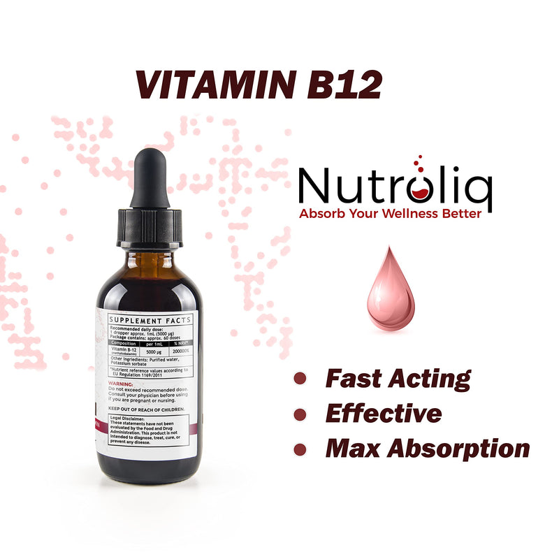 Nutroliq Vitamin B12 Liquid Drops - High-Strength 5000mcg Methylcobalamin Supplement - Energy Booster, Immune System Support, Better Concentration and Metabolism - Vegan & Vegetarian Formula - 60ml - BeesActive Australia