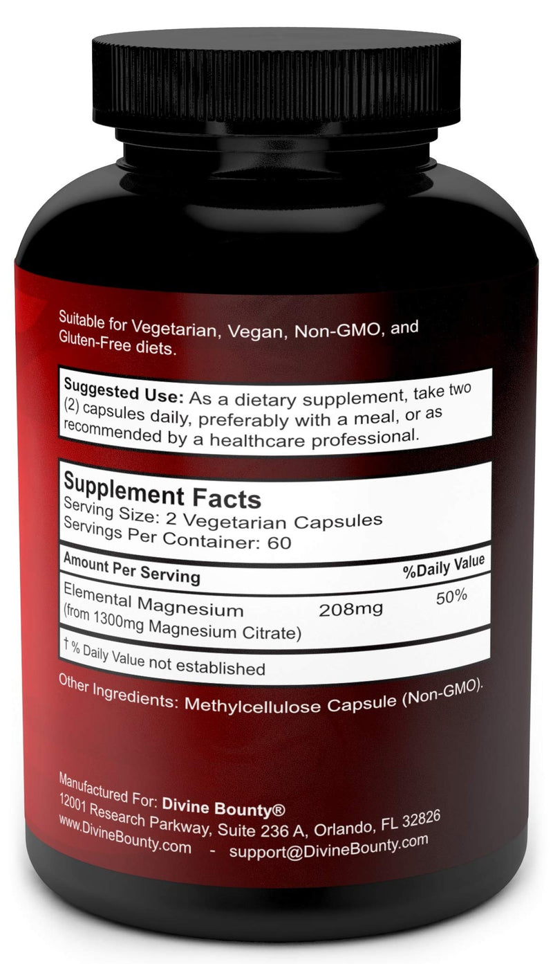 Pure Magnesium Citrate Capsules - 1300mg Magnesium Supplement with Elemental Magnesium - 120 Vegetarian Capsules - BeesActive Australia