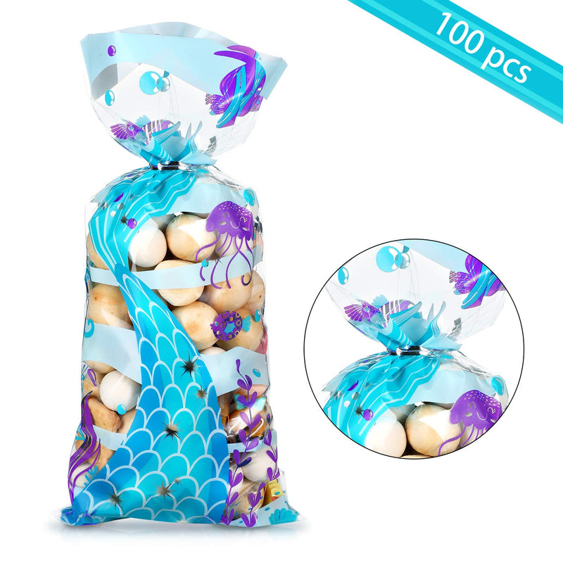 100 Pieces Plastic Mermaid Birthday Party Treat Bags Cellophane Clear Mermaid Tail Theme Cookie Candy Goodie Bags with 100 Silver Twist Ties for Under The Mermaid Sea Themed Birthday Party Supplies - BeesActive Australia