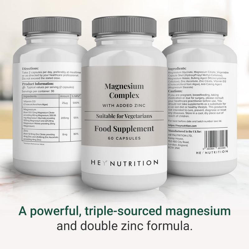 Hey Nutrition Magnesium Complex High Strength 205mg Supplement - Zinc & Vitamin D3 - Muscle and Bone Health, Nerve Function and Energy Support - UK Manufactured - Non-GMO, 60 Vegan Capsules 60 Count (Pack of 1) - BeesActive Australia