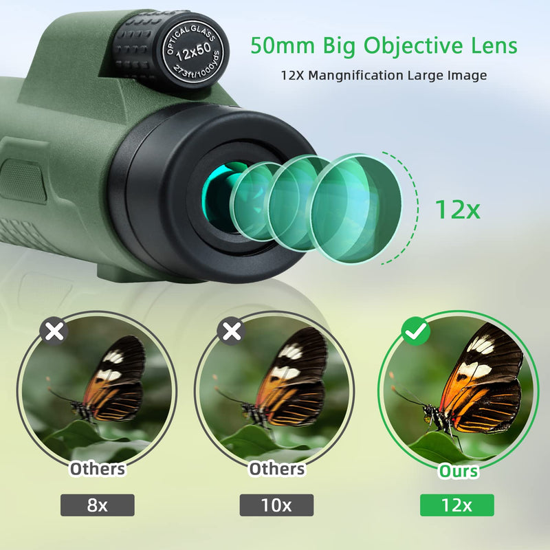 12x50 Monocular Telescope for Adults with Smartphone Adapter Tripod Hand Strap, Lightweight High Power BAK-4 Prism & FMC Lens Monoculars for Bird Watching Hunting Camping Hiking Travel Scenery 12x50 - BeesActive Australia
