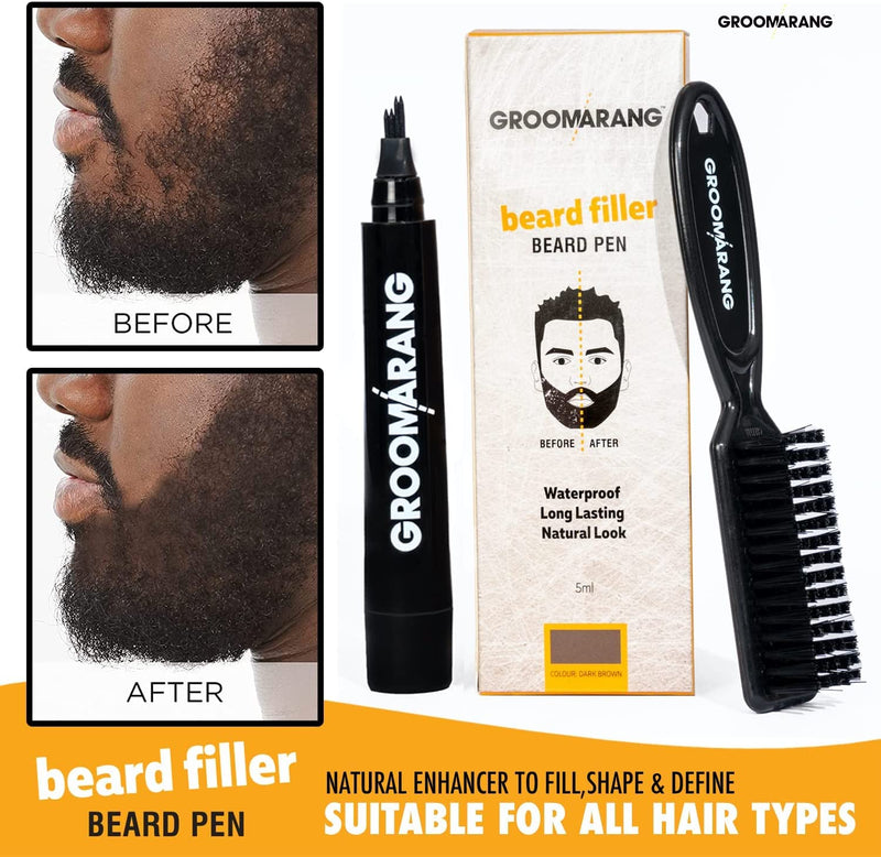 Beard Pen GROOMARANG® Beard Pencil Filler for Men - Natural Enhancer to Fill, Shape and Define - Black or Brown PLUS Beard Shaping Comb (Black) - BeesActive Australia
