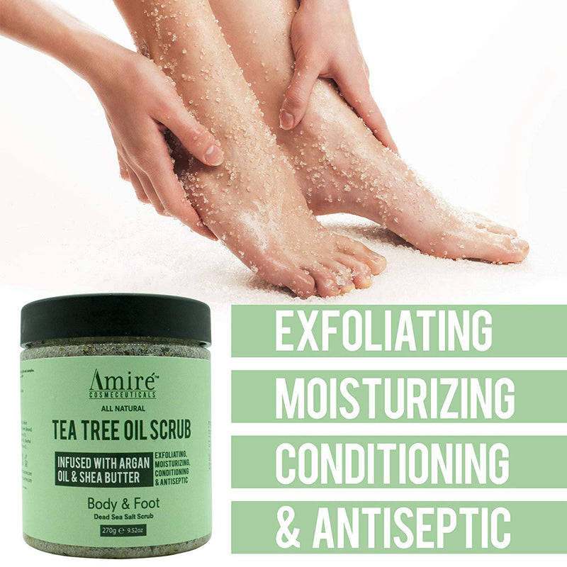 Amire Tea Tree Oil Exfoliating Body and Foot Scrub with Dead Sea Salt, Great for Acne, Dandruff, Stinky Feet, Infused with Argan Oil and Shea Butter to Moisturize - BeesActive Australia