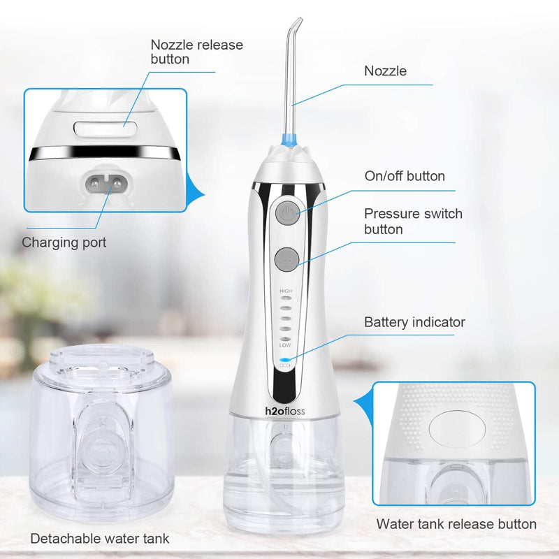 H2ofloss Cordless Water Dental Flosser, Portable Oral Irrigator for Teeth, Braces, Rechargeable & IPX7 Waterproof Teeth Cleaner for Home Travel White - BeesActive Australia