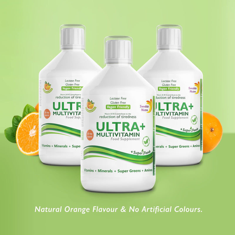 Swedish Nutra Vegan Multivitamin Liquid - Pack of 500ml, 33 Day Supply| Orange Flavour with 51 Active Ingredients| 100% Natural Flavour| High Absorption Rate| Vitamins, Minerals, Aminos & Super Greens - BeesActive Australia