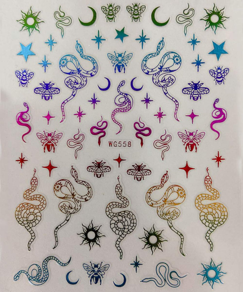6 Sheets Nail Art Stickers Decals Acrylic Nails Supplies, Colorful 3D Self Adhesive Nail Stickers Manicure Tips Accessories Snake Bee Star Moon Butterfly Designs Stickers for Women Nail Decorations - BeesActive Australia