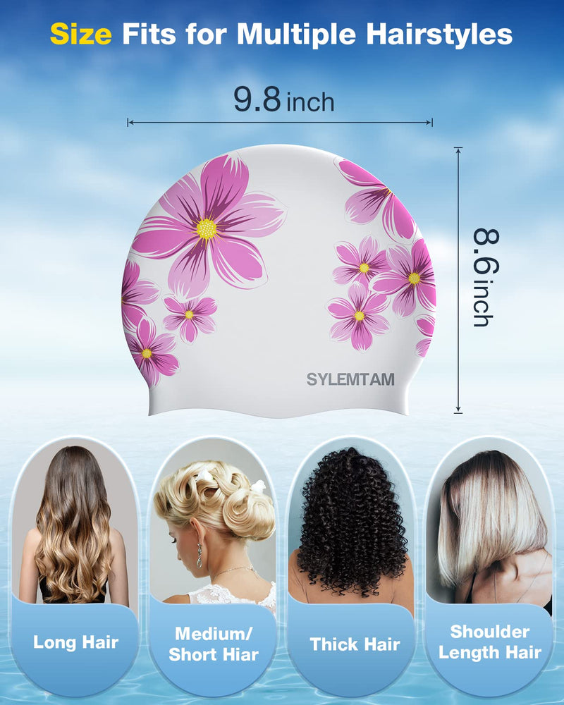 SYLEMTAM Swim Cap Women, Silicone Swimming Caps for Long Hair Anti Slip Waterproof Swim Caps for Womens Adult, Comfortable Bathing Cap Swimming Hats Fit for Curly Short Medium Long Thick Hairs Daisy - BeesActive Australia