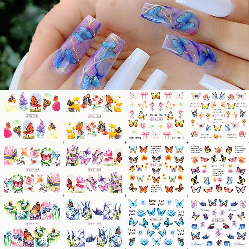 Butterfly Nail Art Stickers Decals Nail Flowers Butterfly Nails Design Accessories Water Transfer Nail Decals Butterflies Nails Supply DIY Manicure Tips Wraps Charms (12 Pcs) - BeesActive Australia