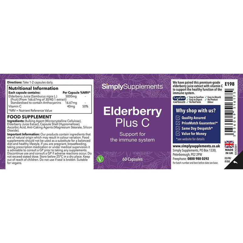Elderberry Supplement with Vitamin C | 60 Capsules = Up to 2 Month Supply | High Strength Immune System Support - BeesActive Australia