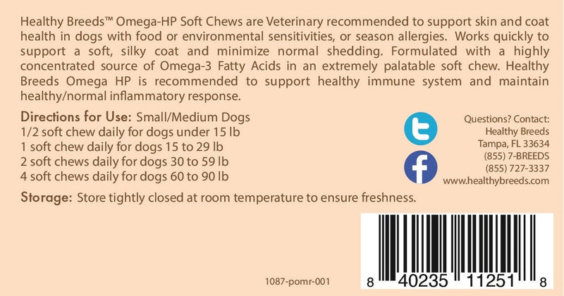 Healthy Breeds Omega HP Fish Oil Skin & Coat Supplement Soft Chews - Over 200 Breeds - Vet Recommended Formula Based on Breed - Helps Reduce Shedding 60 Ct - Small/Medium Breeds Pomeranian - BeesActive Australia
