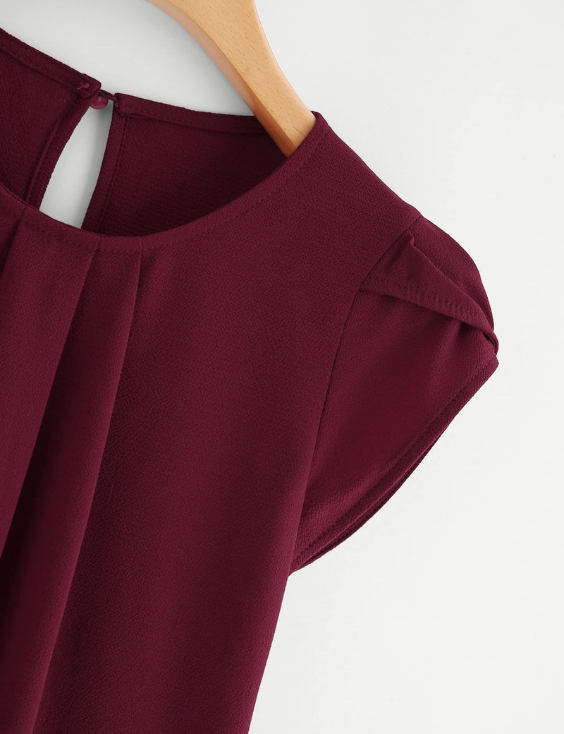 Milumia Women's Casual Round Neck Basic Pleated Top Cap Sleeve Curved Keyhole Back Blouse Large Burgundy - BeesActive Australia