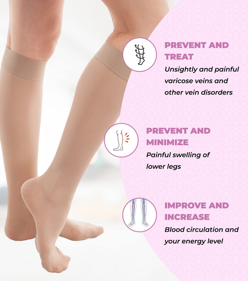 GABRIALLA Sheer Knee High Compression Stockings for Women - 20-22 mmHg, Closed Toe, Beige (L) Large - BeesActive Australia