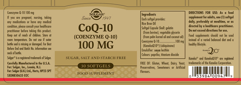 Solgar CoQ-10 (Coenzyme Q-10) 100 mg Softgels - Pack of 30 - For Busy Schedules and Over 50s - Helps Cell Regeneration - Dairy and Gluten Free - BeesActive Australia