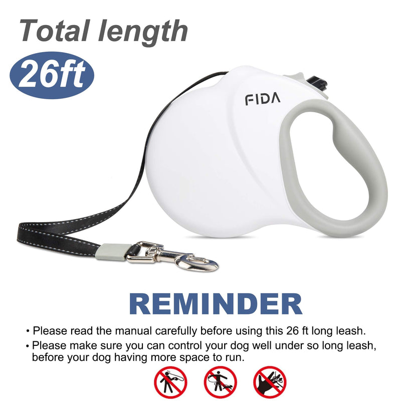 Fida Retractable Dog Leash 26ft, Heavy Duty Pet Walking Leash for Medium/Large Dogs up to 110 lbs, Tangle Free. One-Hand Brake White - BeesActive Australia