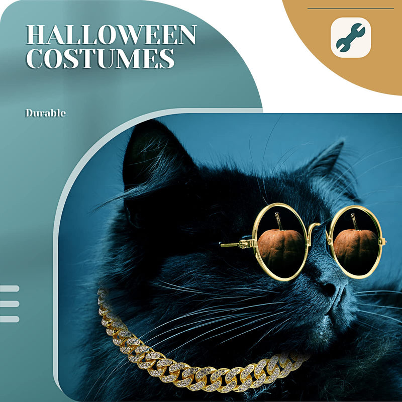 2 Pieces Gold Cat Dog Chain Collar and Sunglasses Set Rhinestone Cuban Collar Chain with Design Secure Buckle Retro Round Glasses for Dogs Cats Party Cosplay Costumes Funny Photo Props 16 Inch - BeesActive Australia