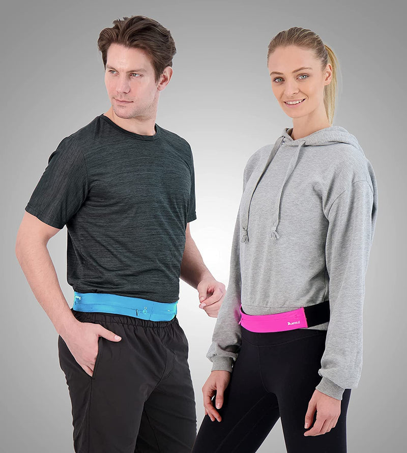Athlé Running Belt for Exercise and Travel - Two Stretch Pockets Fit Most Phones, Wallet, Cards and More - Key Clip, Earphone Jack, Adjustable Waist Strap Medium - 25" - 32" Black - BeesActive Australia