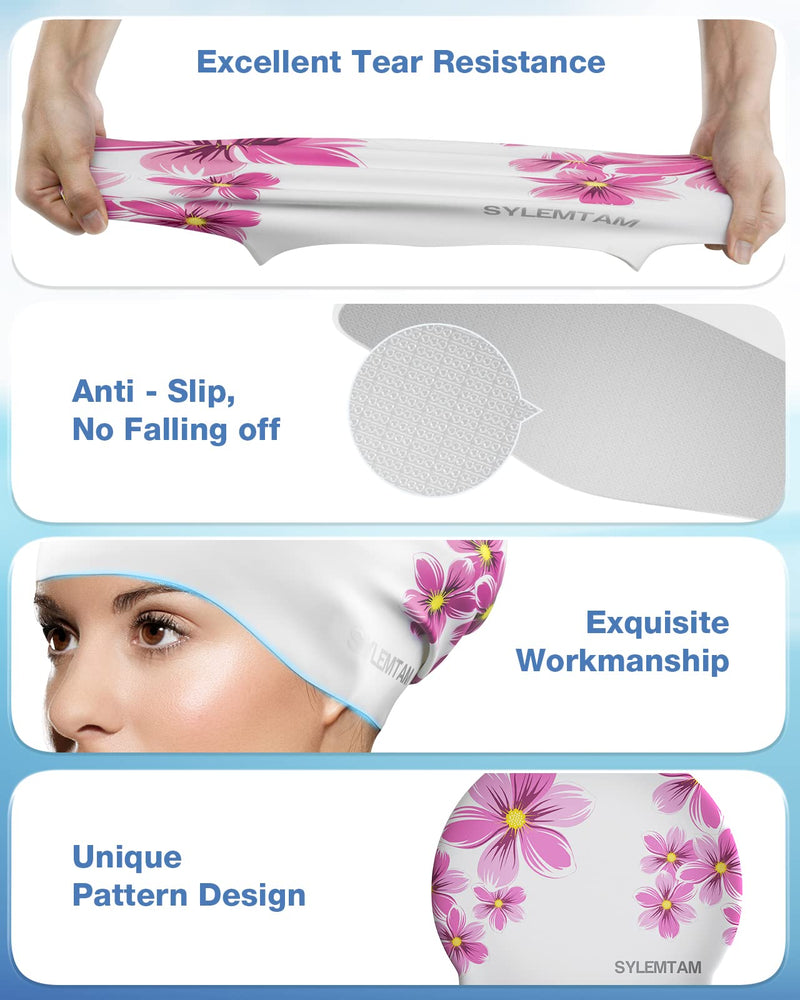 SYLEMTAM Swim Cap Women, Silicone Swimming Caps for Long Hair Anti Slip Waterproof Swim Caps for Womens Adult, Comfortable Bathing Cap Swimming Hats Fit for Curly Short Medium Long Thick Hairs Daisy - BeesActive Australia