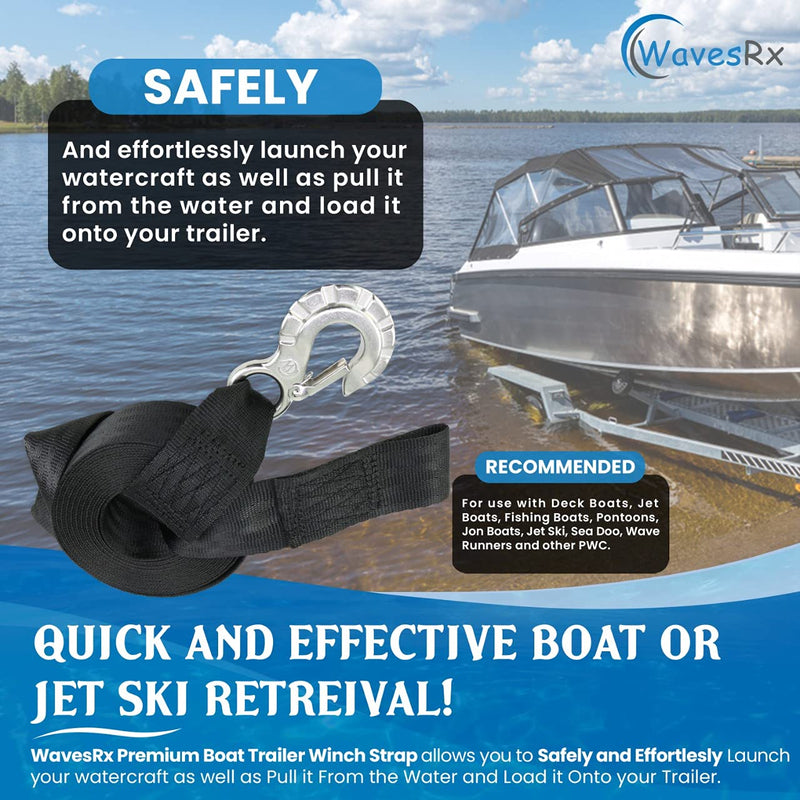 WAVESRX Premium Boat and Jet Ski Trailer Winch Strap 20' + 2PK 24" Transom Tie-Down Straps (Value Bundle) | Marine Grade Stainless Steel Hook | Secure Retrieval and Transportation of Your Watercraft - BeesActive Australia