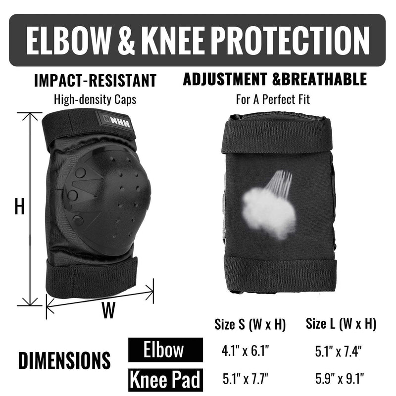 NHH Skateboard Knee Pads Set - 6 In 1 Protective Gear Set Knee Pads Elbow Pads and Wrist Guards for Kids Youth Adults Men and Women (Black, Small) Black - BeesActive Australia