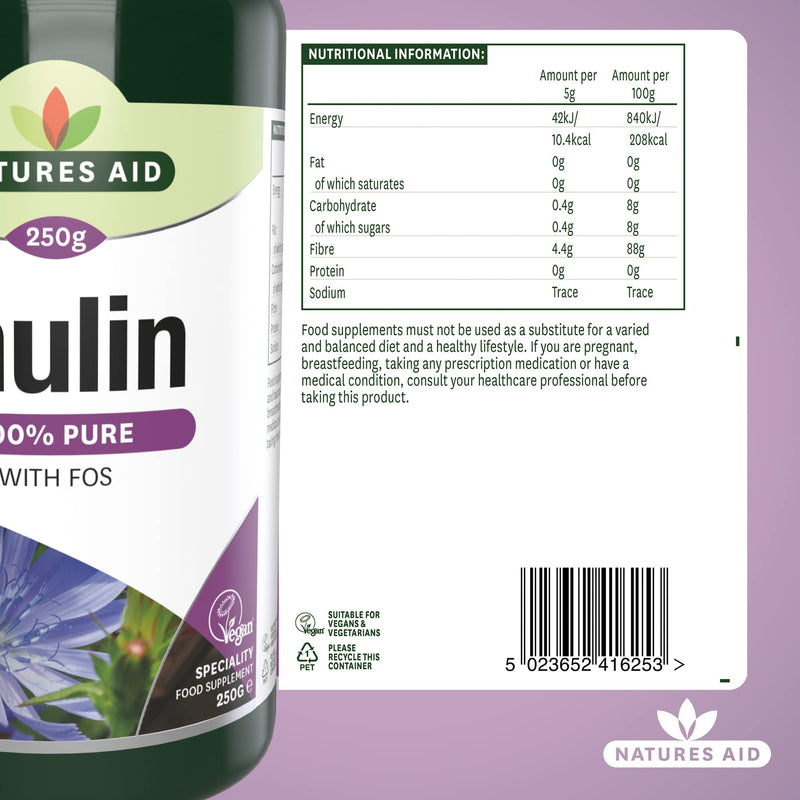 Natures Aid Inulin Powder, 250 g (from Chicory Root, 100% Natural with FOS, High Fibre, Low Calorie, Prebiotic, Vegan Society Approved, Made in the UK) - BeesActive Australia