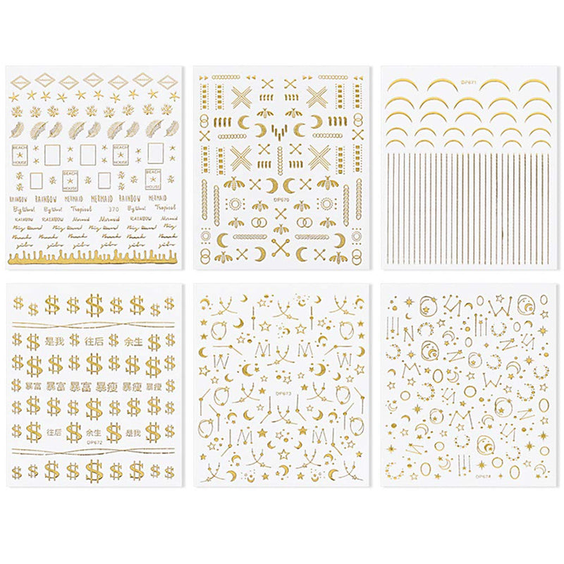 6 Sheets Golden Moon Stars Nail Stickers with Adhesive Nail Decoration Decals Nail Salon DIY Nail - BeesActive Australia