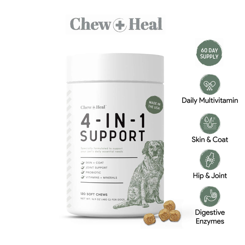 Chew + Heal All in 1 Dog Vitamin - Soft Chew Treats - Chewable Multivitamin with Probiotics, Digestive Enzymes, for Skin and Coat, Hip and Joint Support - with Omega, Calcium - Made in The USA 120 Count - BeesActive Australia
